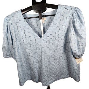 A. N. A. Eyelet Powder Blue V Neck Size L 100% Cotton Pull Over Top. NWT